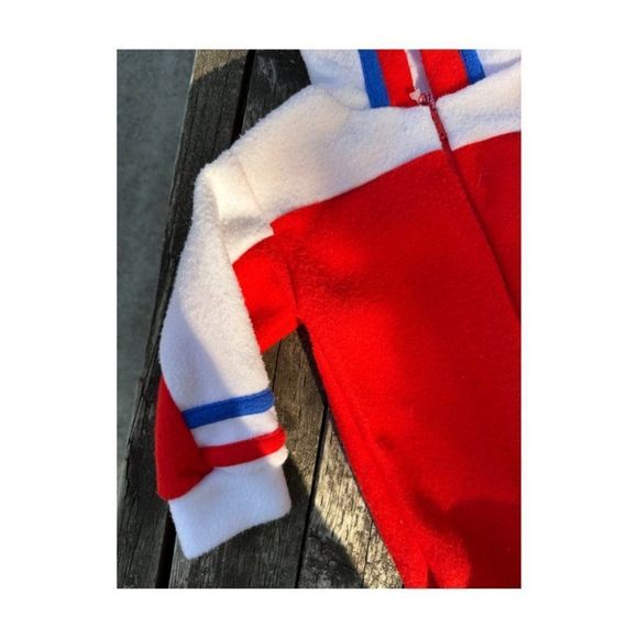 Vtg 70s Young Fair Togs Fleece Footy Pajamas Jumpsuit Hood Red White Blue 9/18M - Picture 4 of 7